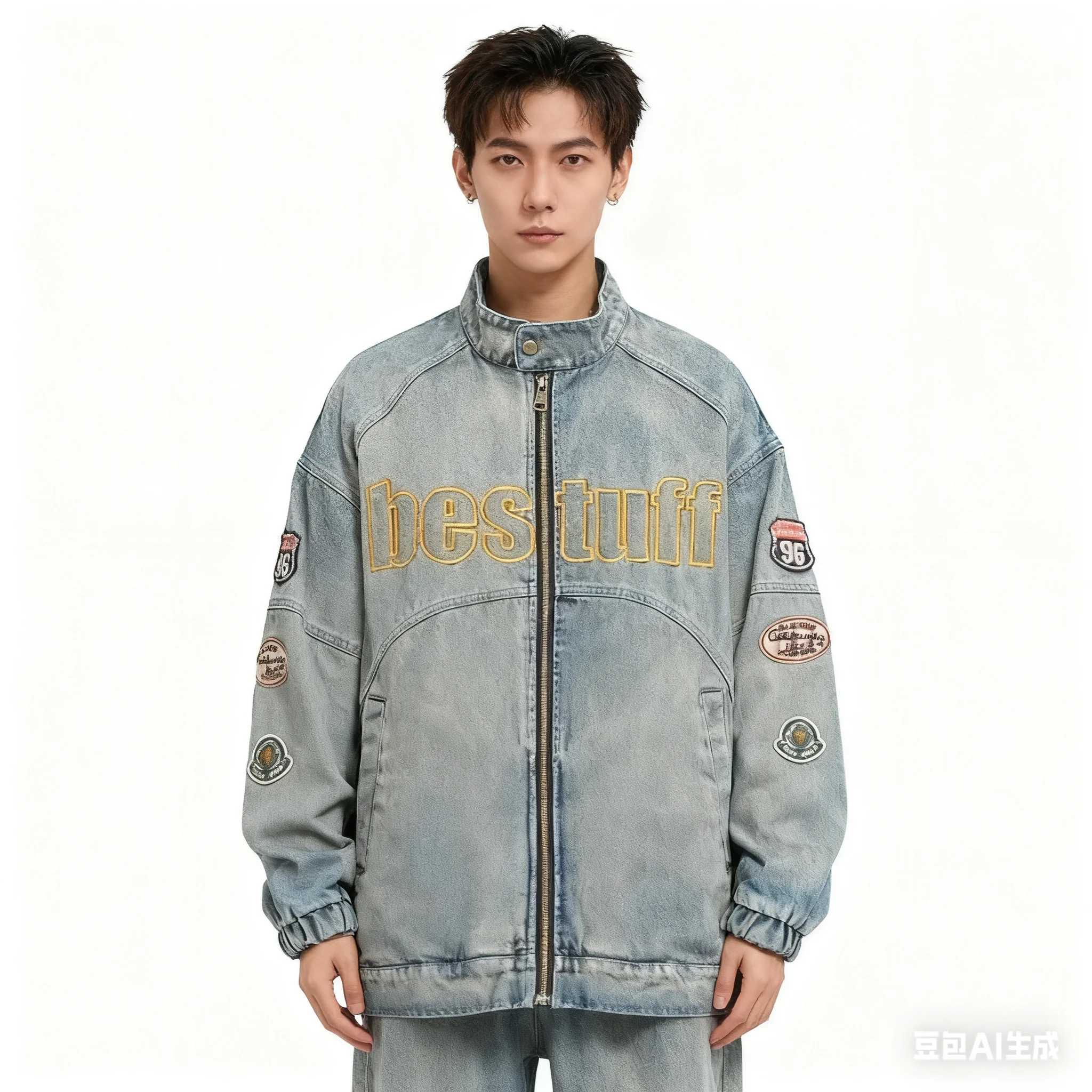

Vintage washing denim jacket men's loose paired with zipper top letter embroidered street clothing hip-hop casual jacket