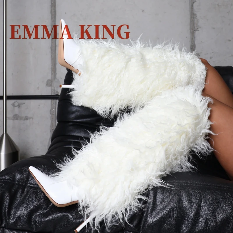 

Women Fluffy Knee High Boots Sexy Pointy Toe Stiletto High Heels Party Shoes Ladies Winter Warm Snow Boots Zapatos Para Mujere