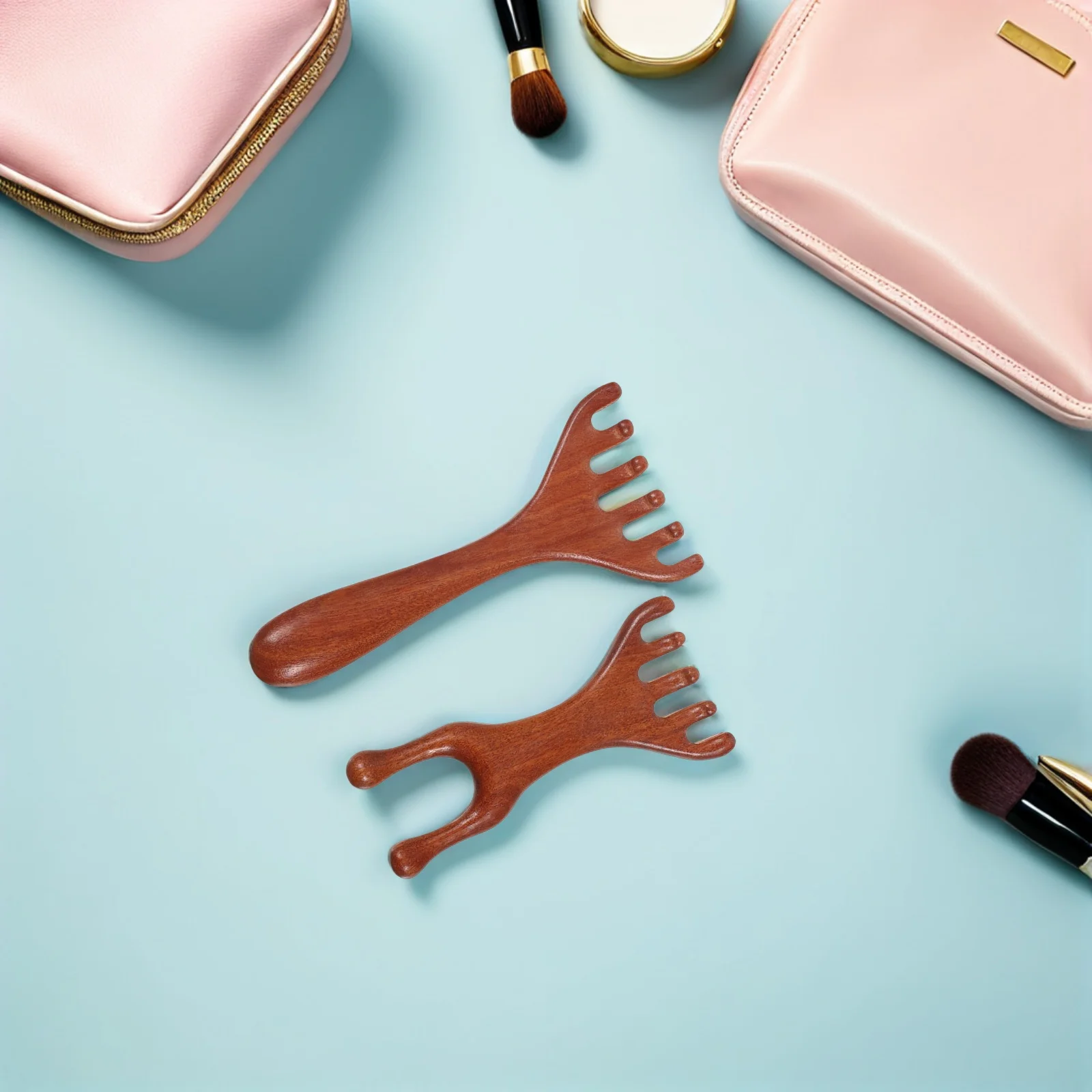 2개입 천연 나무 두피 마사지 빗 인체공학적 디자인 얼굴 및 목 이완 다기능 도구 파이브터치 테라피 빗