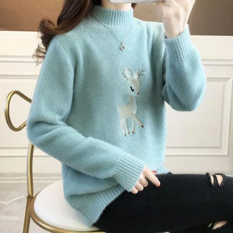 Biyaby Embroidery Deer Warm Jumpers Woman 2023 Autumn Winter Half High Collar Knit Sweater Women Korean Loose Long Sleeve Blouse