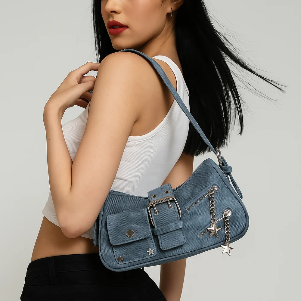 Fashion Handbag Y2K Underarm Bag Rivet Star Spicy Girl Shoulder Bag Armpit Bag Retro Crossbody Bag Girls