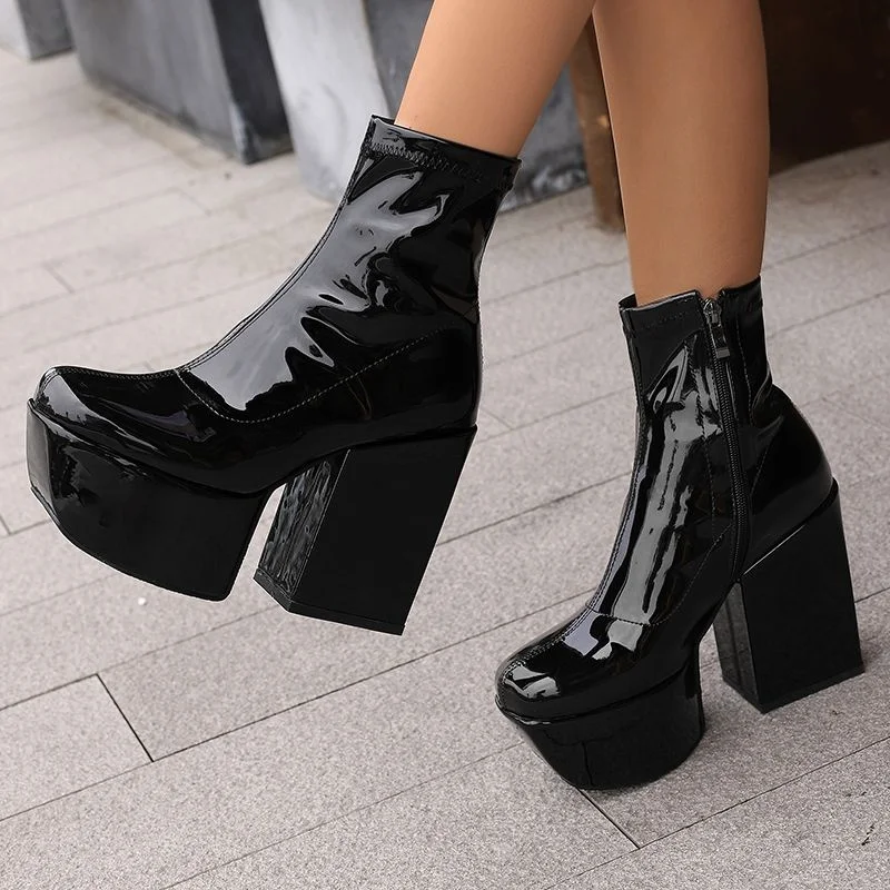 ORCHALISA مثير براءات الاختراع والجلود النساء عالية منصة حذاء من الجلد حذاء بكعب سميك 12 سنتيمتر أسود أحمر Pluz حجم 46 47 48 يؤرخ بوتا #1