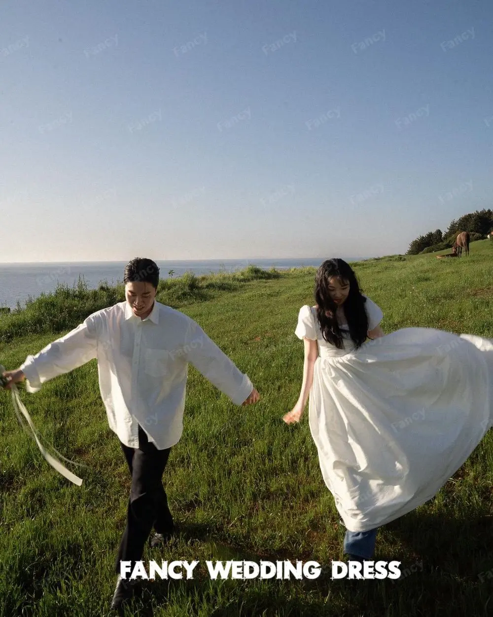 Robe de Mariée en Taffetas à Col Rond Simple, Séance Photo de Jardin Coréen, Ligne A, Longueur au Sol en Fibre, Fermeture Éclair au Dos Personnalisée