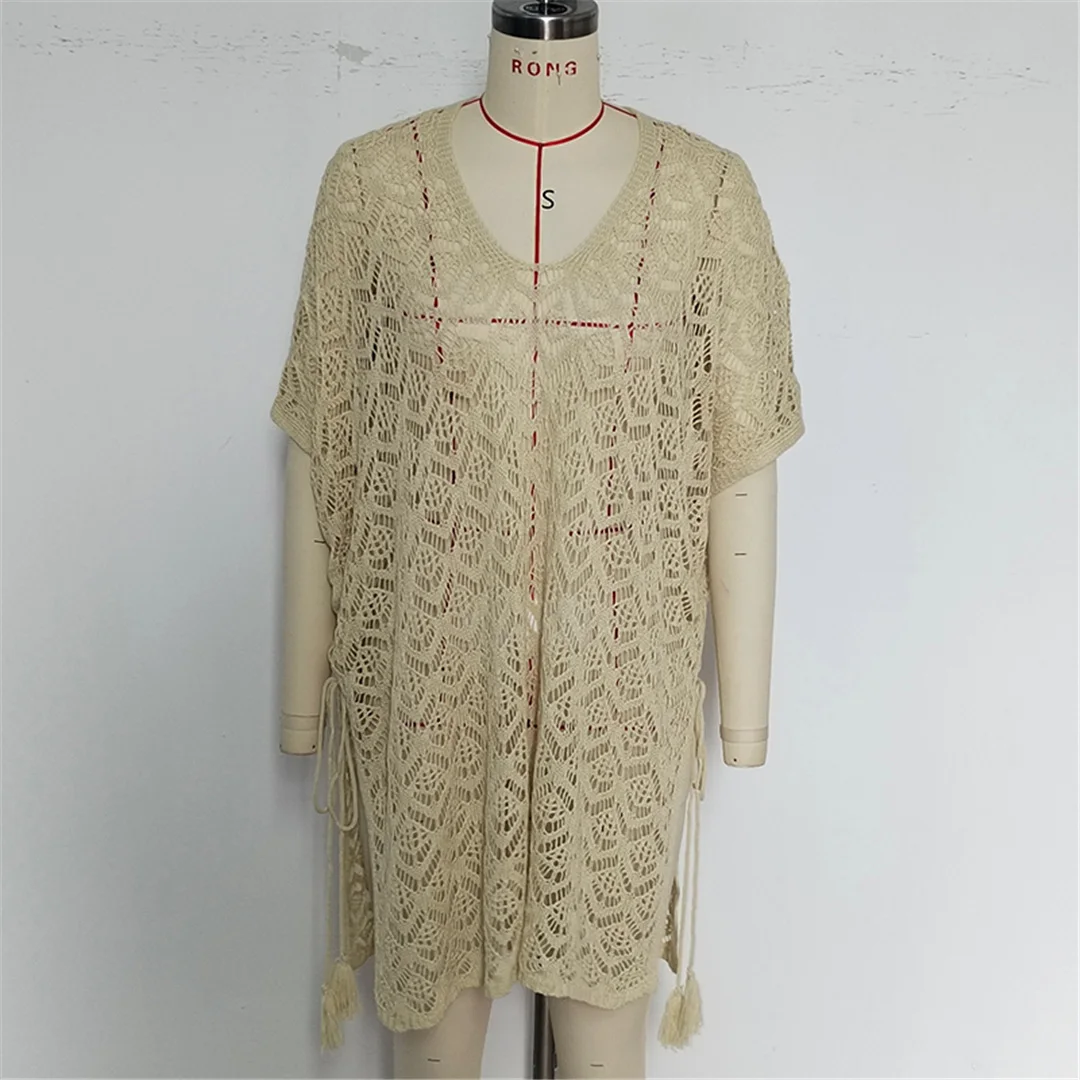 Strandkleid Strandmode Neues Kurzarm-V-Ausschnitt Einfarbiges Häkel-Strick-Tunika Strandkleidung Strandüberwurf Überwürfe Damen V7221 – Detail 11