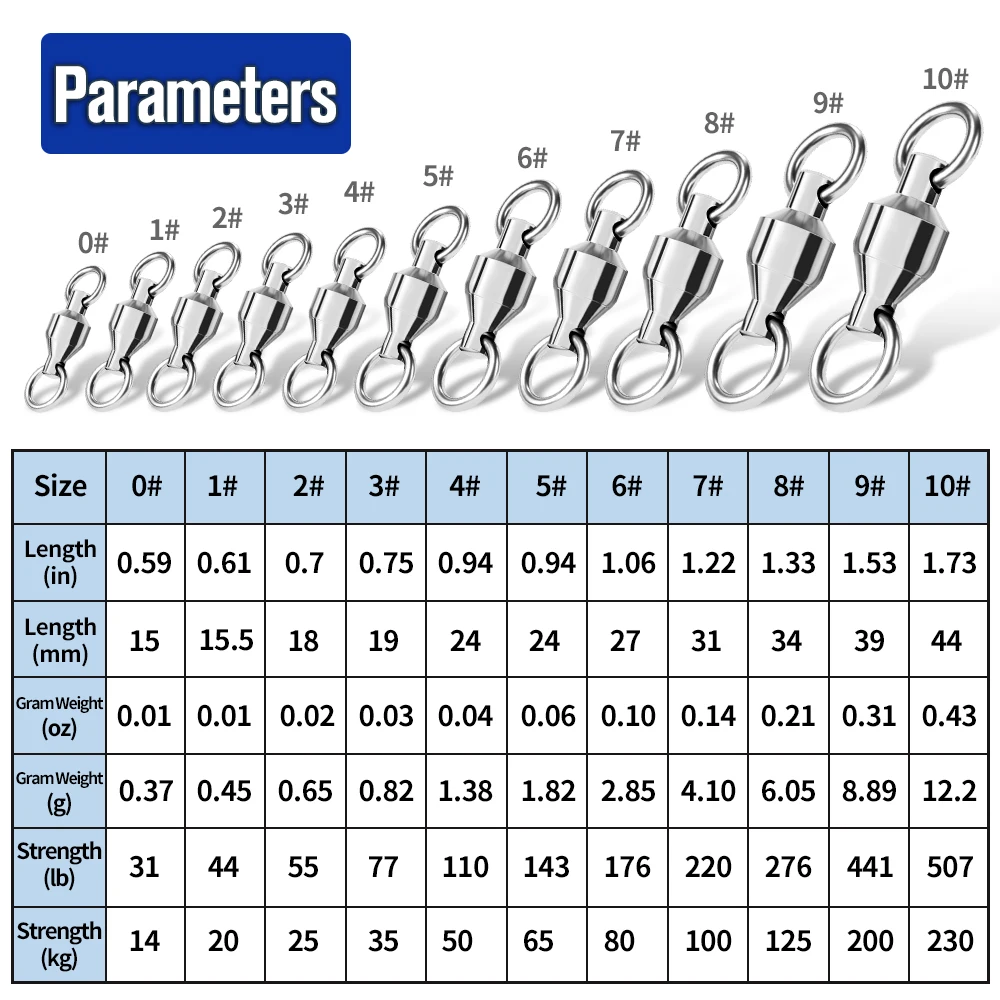 Proberos 10Pcs Swivel Fishing Solid Connector Ring0-1-2-3-4-5-6-7-8-9-10# Stainless steel Rolling Bearing with Safety Snap for F