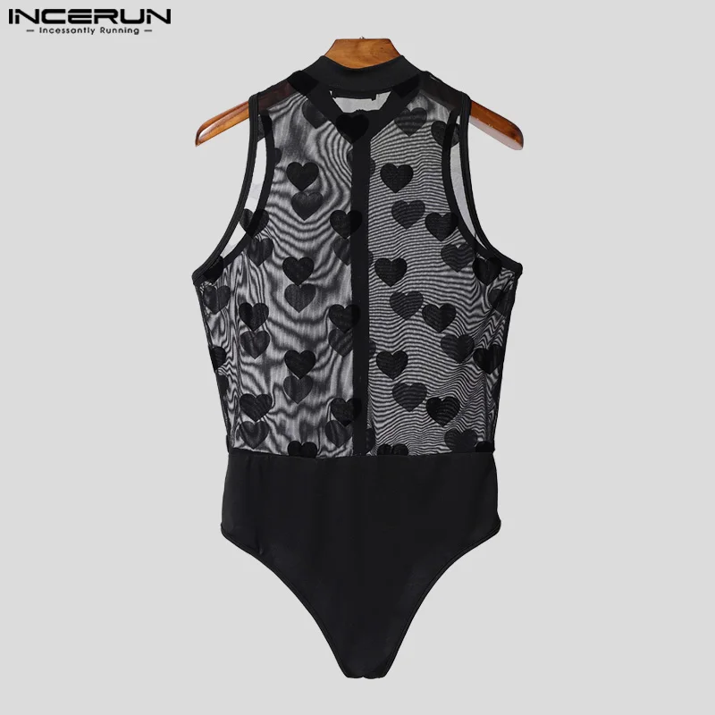 INCERUN เสื้อกันหนาวผู้ชายพิมพ์ตาข่าย Patchwork ดูผ่านเซ็กซี่ชาย Rompers 2025 ซิปแขนกุดแฟชั่นบอดี้สูทผู้ชาย S-5XL
