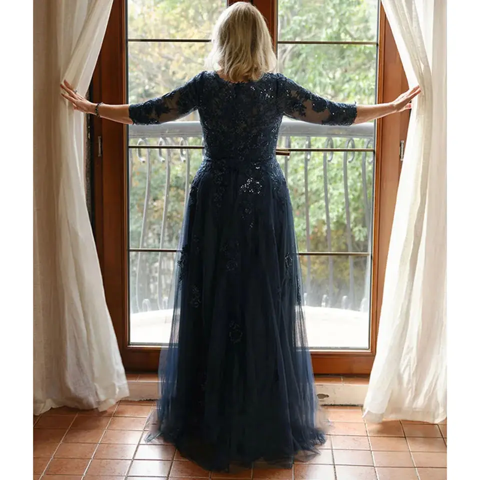 Abito per la madre della sposa con scollo a V maniche a 3/4 Applique in tulle A Line Blu navy Plus Size 2025 Abito per invitati a un matrimonio personalizzato