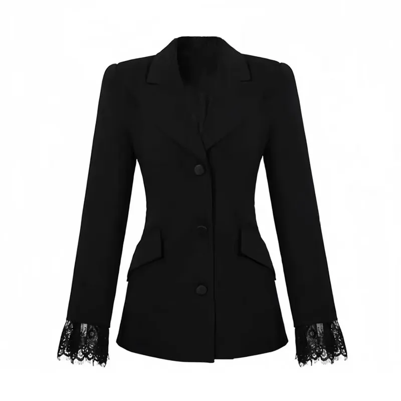 

Slim Fit Lace Splice Suit Jaet And Pants Set for Women Bla Spring Commute Sle Long Sve Single Button Closure C...