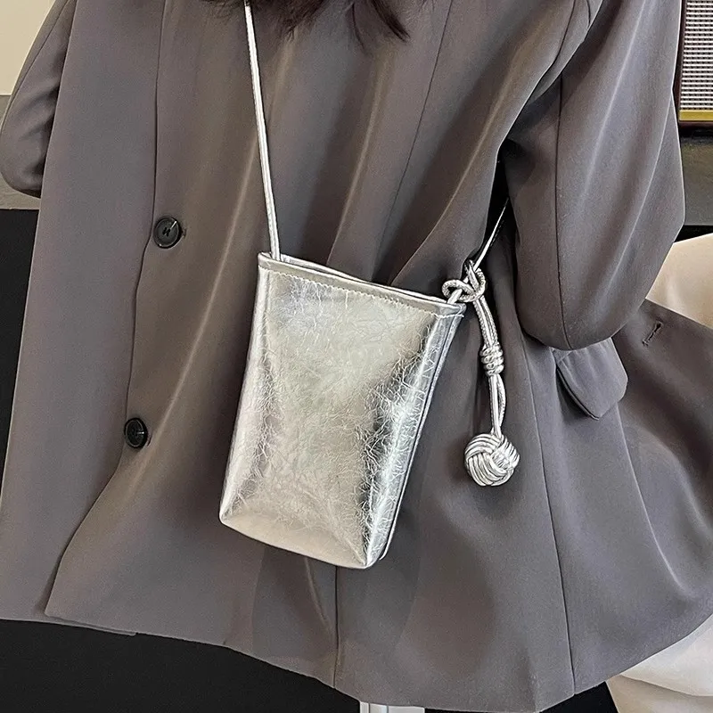 

Women's Crossbody Phone Bag with Woven Ball Pendant Oil Wax Leather Key Pouch Fashion Small Shoulder Bag Purse