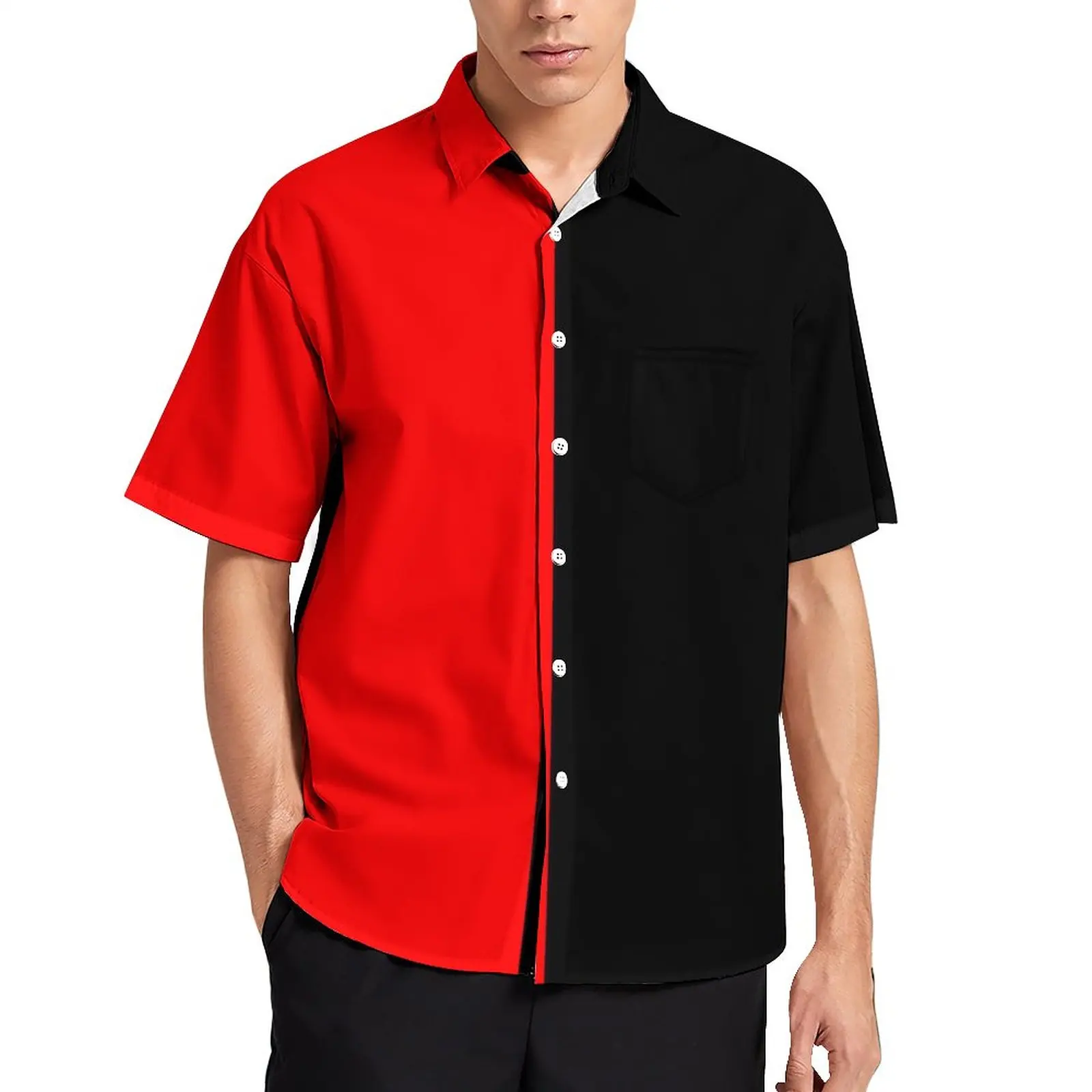 Two Tone Circus Daily Shirt Men Red and Black Casual Shirts Blouses Short Sleeves Fashion Oversize