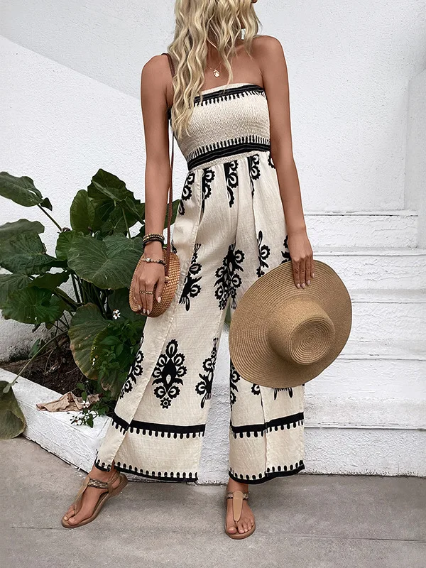 Printed Strapless Wideleg Split Jumpsuit High Waist Long Pants Thin Polyester Summer Online Exclusive Chinese Production