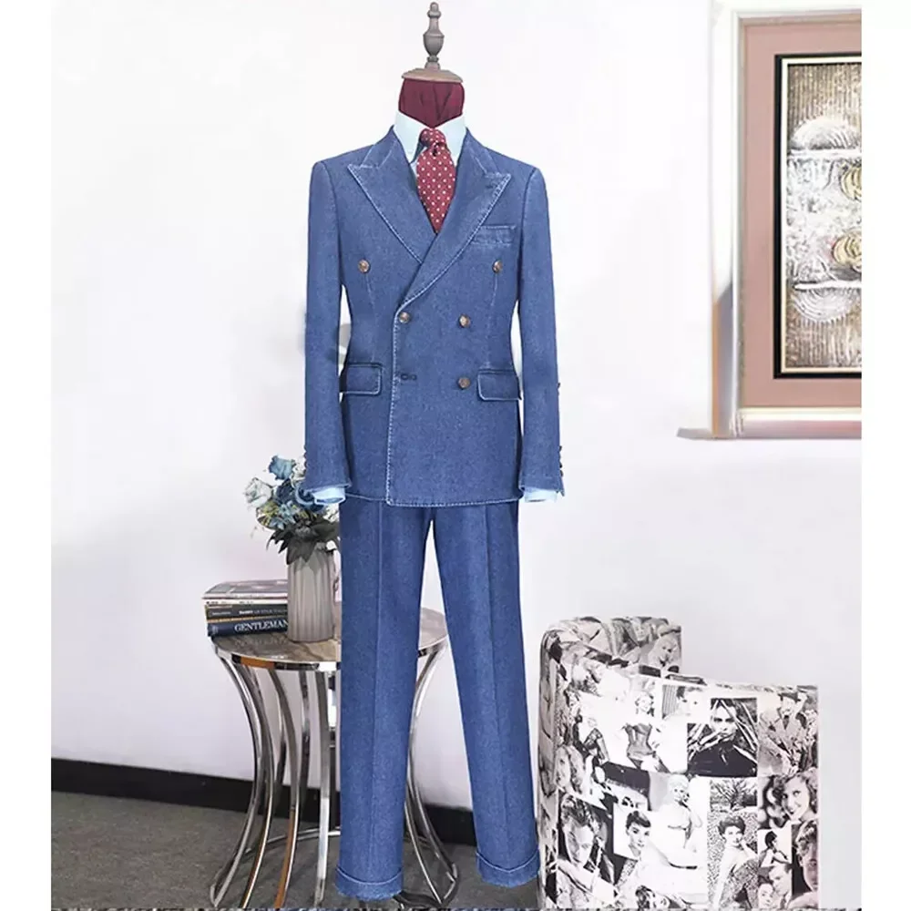 Chic Light Denim Double Breasted Straight Elegant Men Suit Two Pieces(Jacket+Pants) Party Prom Wedding Set