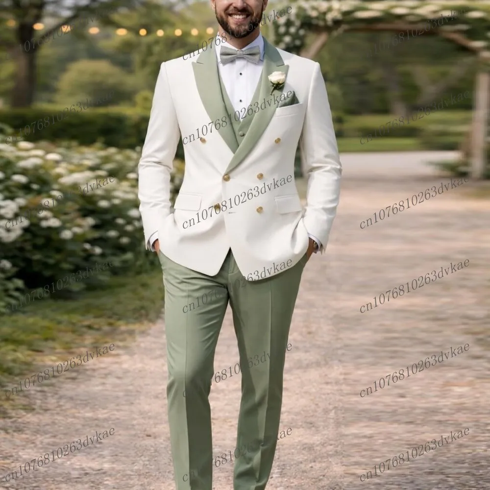 

New Mint Green And White Men Suit Wedding Party Formal Groom Groomsman Prom Business Male Tuxedos 3 Piece Set Jacket Vest Pants