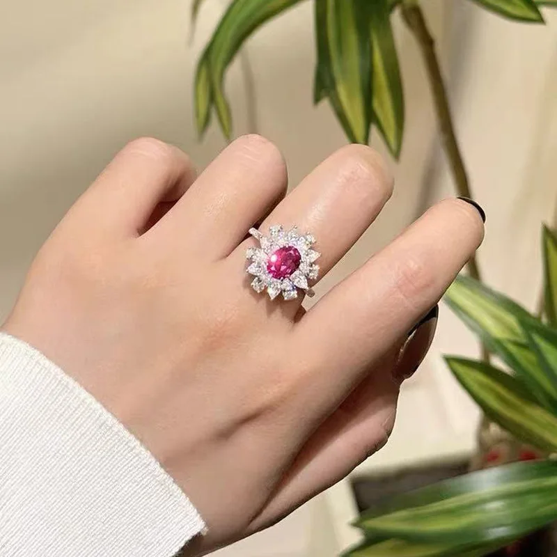 S925 pure silver luxury imitation red tourmaline adjustable ring for women, Instagram-worthy red ruby exquisite open-ended finge
