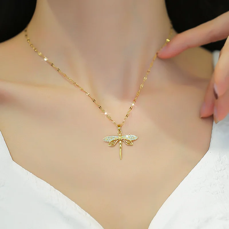 316L Stainless Steel Personality Golden Dragonfly Pendant Necklace for Women Fashion Girls Clavicle Chain Party Jewelry Gifts