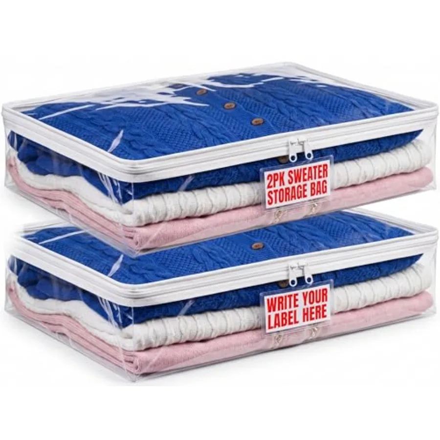 Clear s 2-Pack Zippered Vinyl Organizers with Label Pocket, Durable Dustproof Clothing Storage for Sweaters, Blankets, Linens,