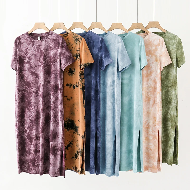 Original Casual 94% Cotton Summer Women\'s Dresses Solid Short Sleeve Spilt Long Midi Dress Fashion Sundress Female Clothing