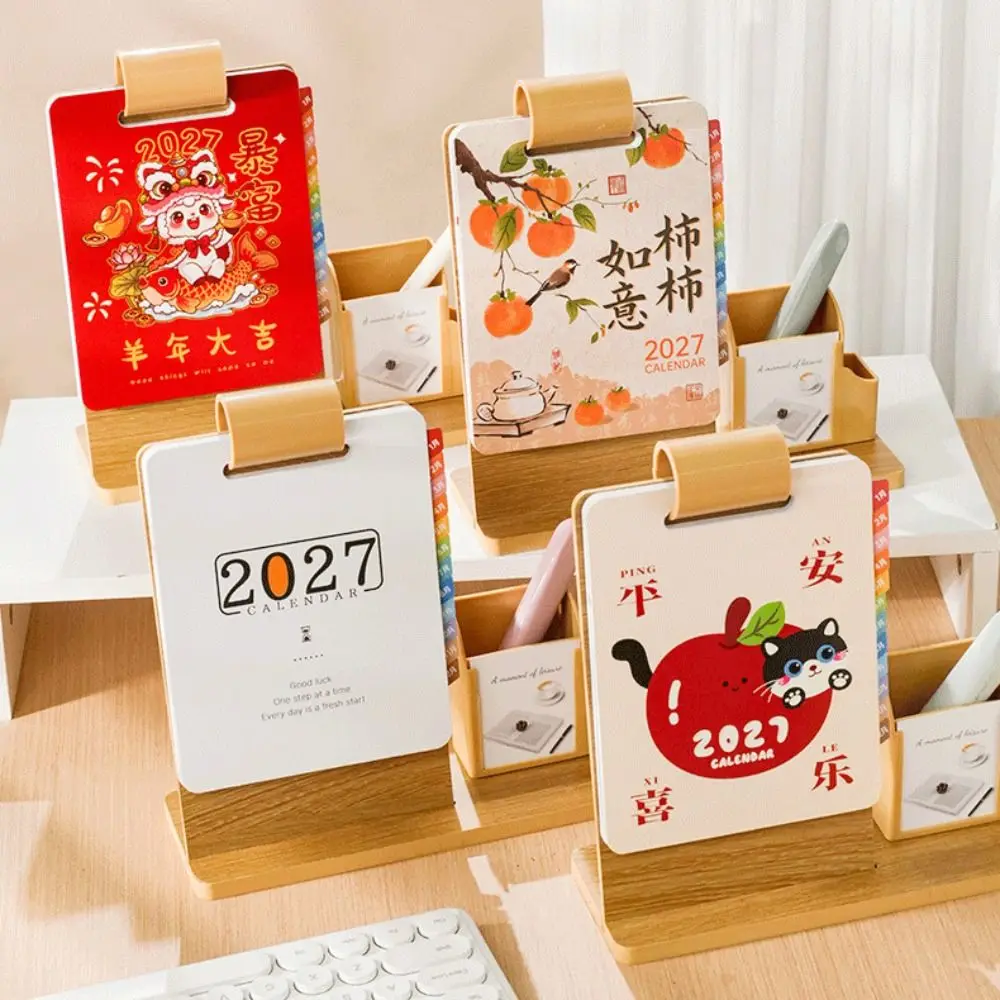Creative Wood 2027 Desk Calendar Multifunctional Creative 2027 Calendar Organizer Pen Holder Desktop Planner Stand Office Use 5