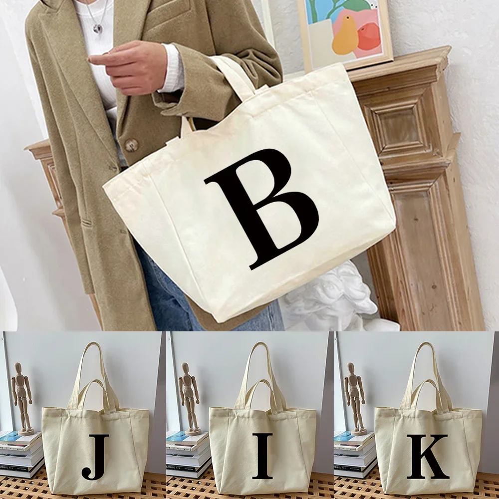 

Shopping Bag Casual Canvas Bag Black Letter Print High Quality Tote Bag Reusable Grocery Handbags Fashion Portable Shoulder Bags