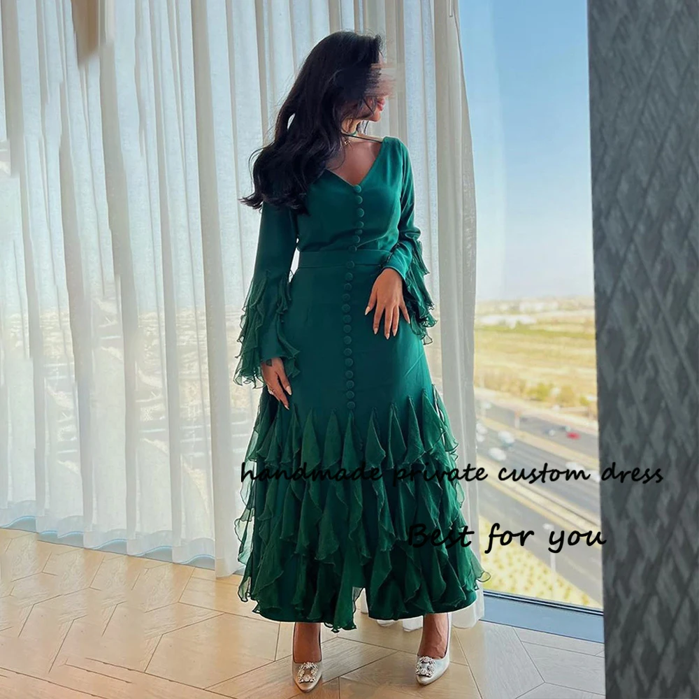 

Green Mermaid Evening Dresses Long Sleeve V Neck Satin Chiffon Arabian Dubai Formal Prom Dress Ankle Length Evening Party Gowns