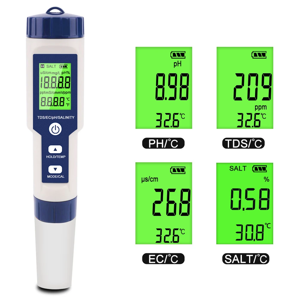 New 5 in 1 Water Quality Tester Digital LCD PH/TDS/EC/SALT/TEMP Meter EZ 9909 Monitor Tester For Pools Drinking Water Aquariums