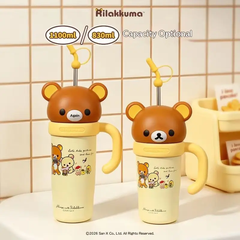 MTUTU Rilakkuma Large Capacity Water Cup 830ml Sus316 Stainless Steel Portable Cartoon Bear Straw Travel Drinking Bottle