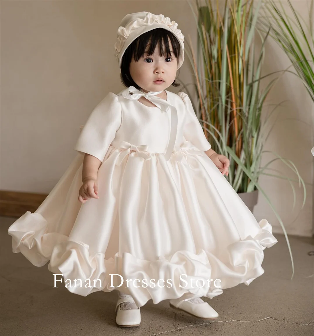 

FANAN Pretty Flower Girl Dresses White Bow Elegant Princess O-Neck Satin Ball Gown For Kids Birthday Party First Communion Dress