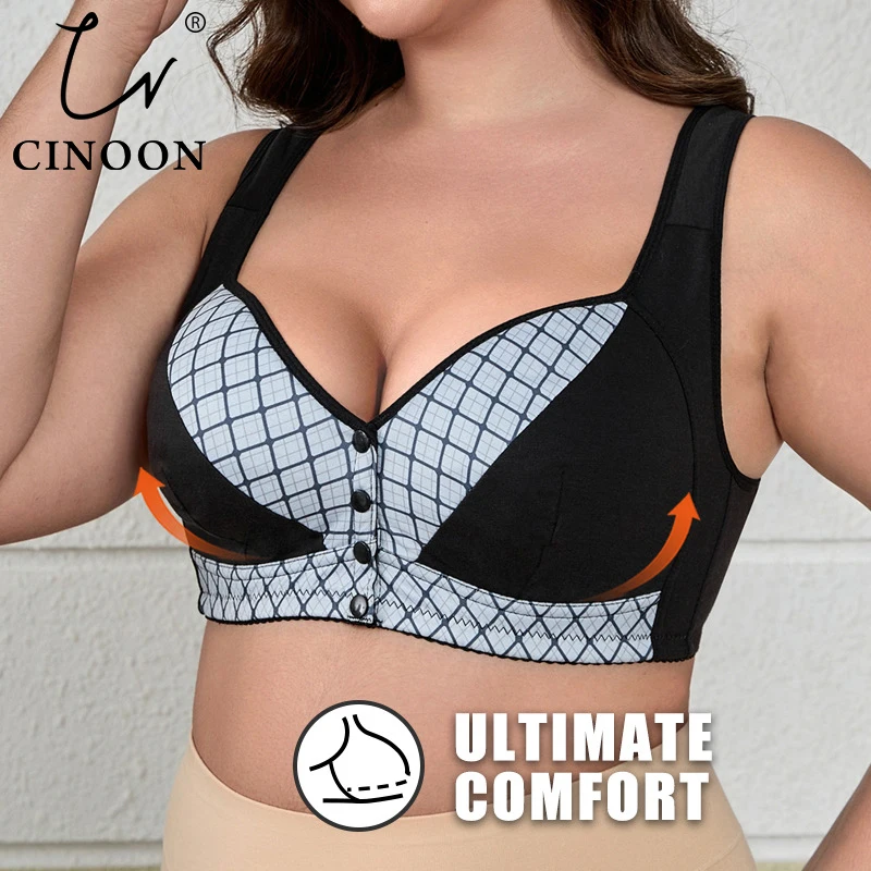 CINOON Damen-BH in Übergröße mit Vorderverschluss, kabellos, bedruckt, breite Träger, Push-up-Effekt, volle Abdeckung, für den Alltag, atmungsaktiv, weich, intim