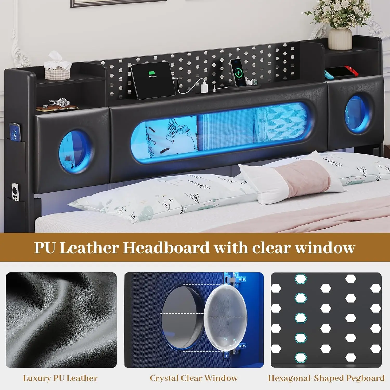 King Floating Bed Frame Storage Headboard LED Light Charging Station Bookcase No Box Spring Noise-Free Black, Customized view 6