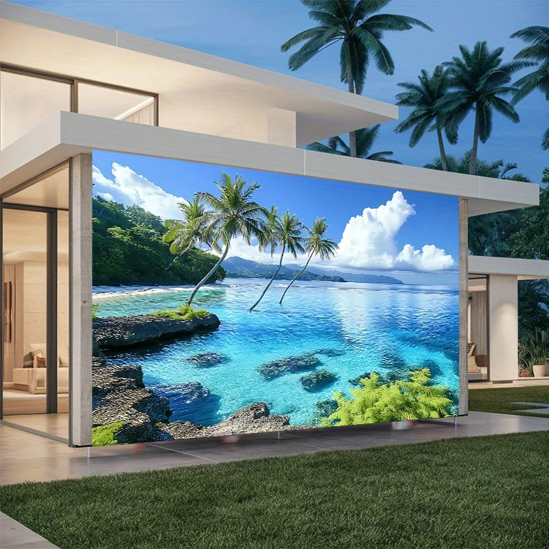 2D Flat, 1pc Vibrant Tropical Paradise Party Banner - Polyester, Colorful Beach Scene with Palm Trees and Turquoise Waters, Perf