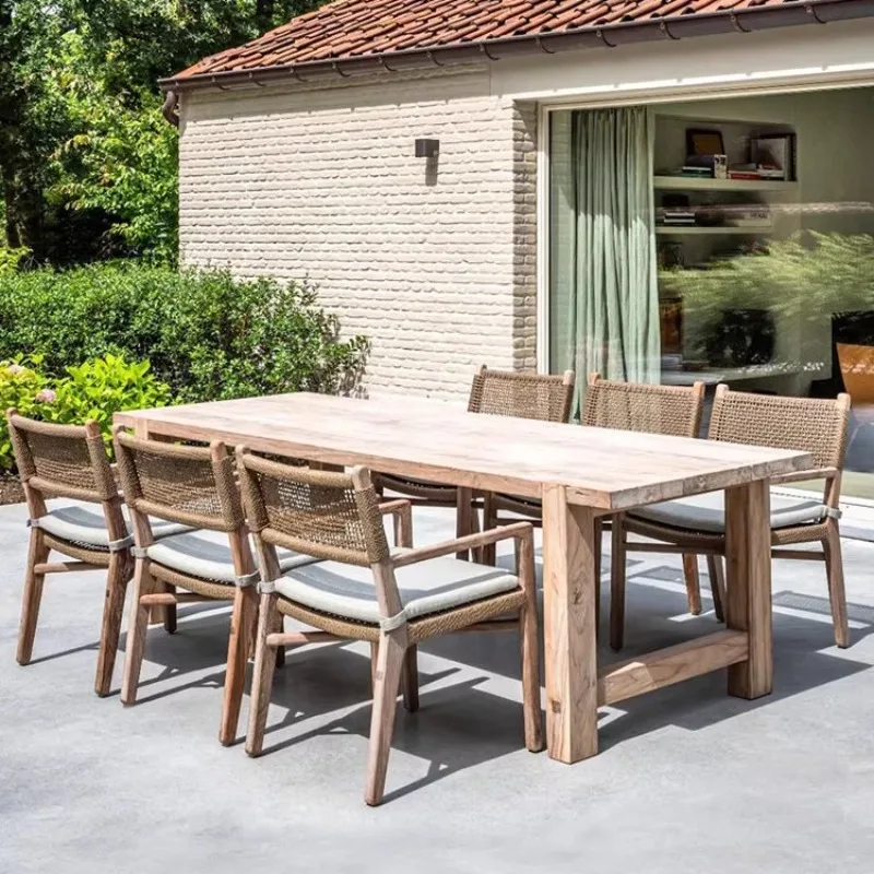 

courtyard villa teak long table waterproof homestay outdoor terrace garden leisure solid wood dining table combination