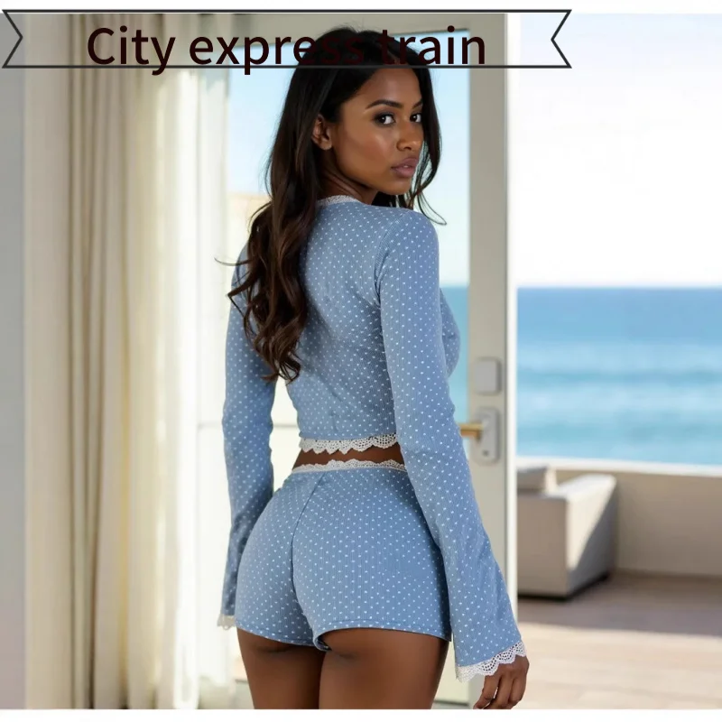 

Svel Sexy Home Suit with Lace Trim Long Sve Open Cardigan And ort Pants Casual Sle Cotton Blend Low Waist Bell Bot