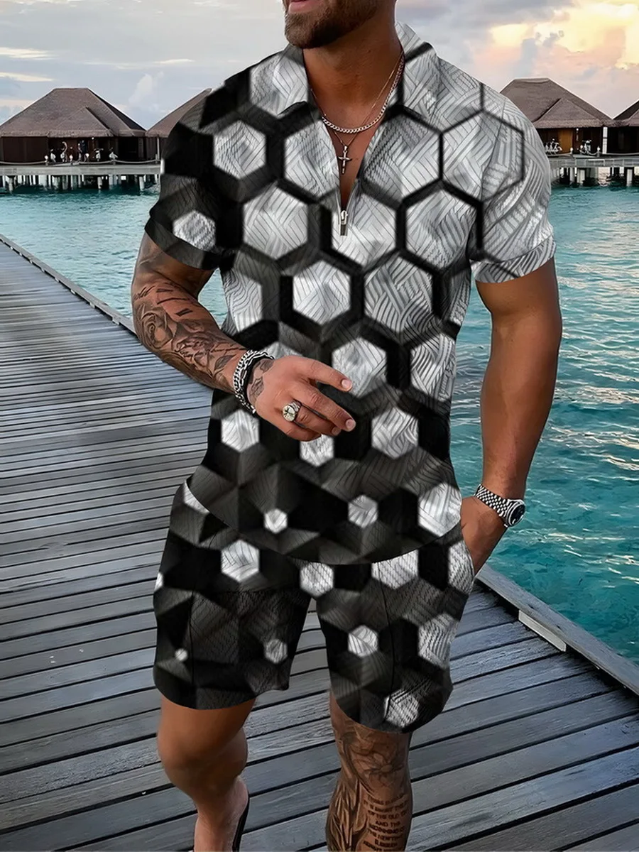 POLO de verano para hombre, ropa deportiva con estampado 3D, geométrico, a la moda, con cremallera, pantalones cortos, 1 Juego