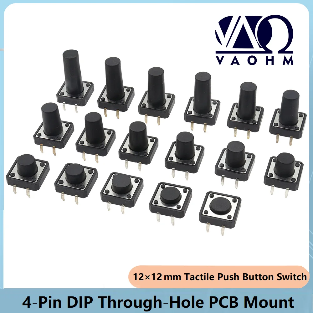 100pcs 12×12 mm Tactile Push Button Switch 4‑Pin DIP Through‑Hole PCB Mount Assorted Heights