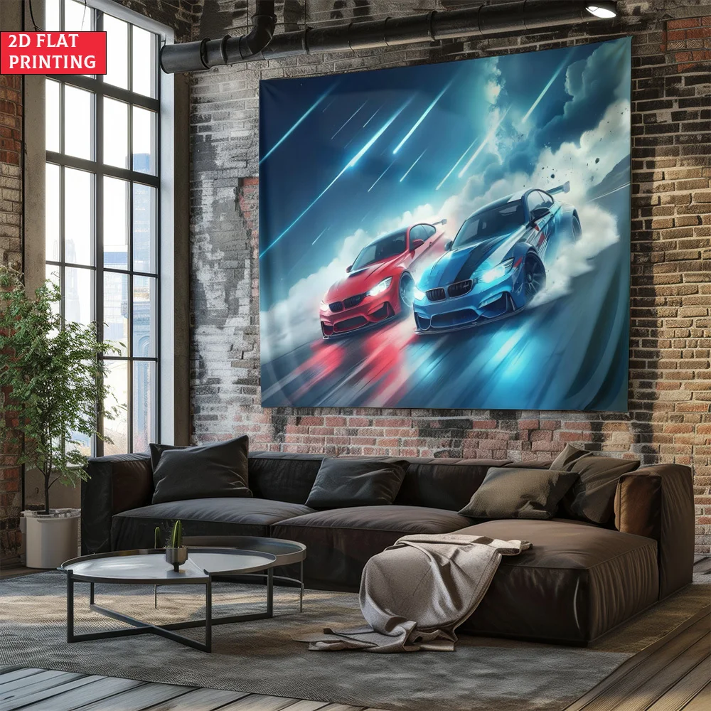 Red Blue M Series Sports Car Tapestry, Dual Racing Cars on Mountain Road Wall Hanging, Car Lover Room Decor suitable offices