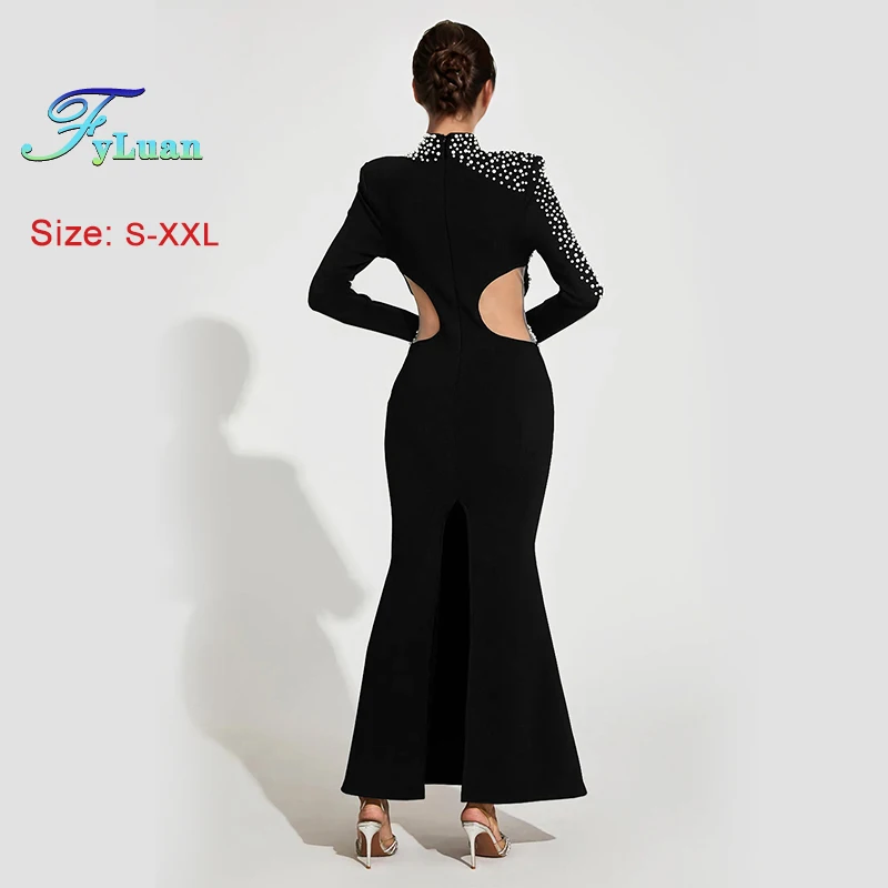 Robe longue à paillettes pour femmes, taille découpée, col rond, décor de strass, Slim, queue de poisson, vêtements de soirée, de bal, nouvelle collection