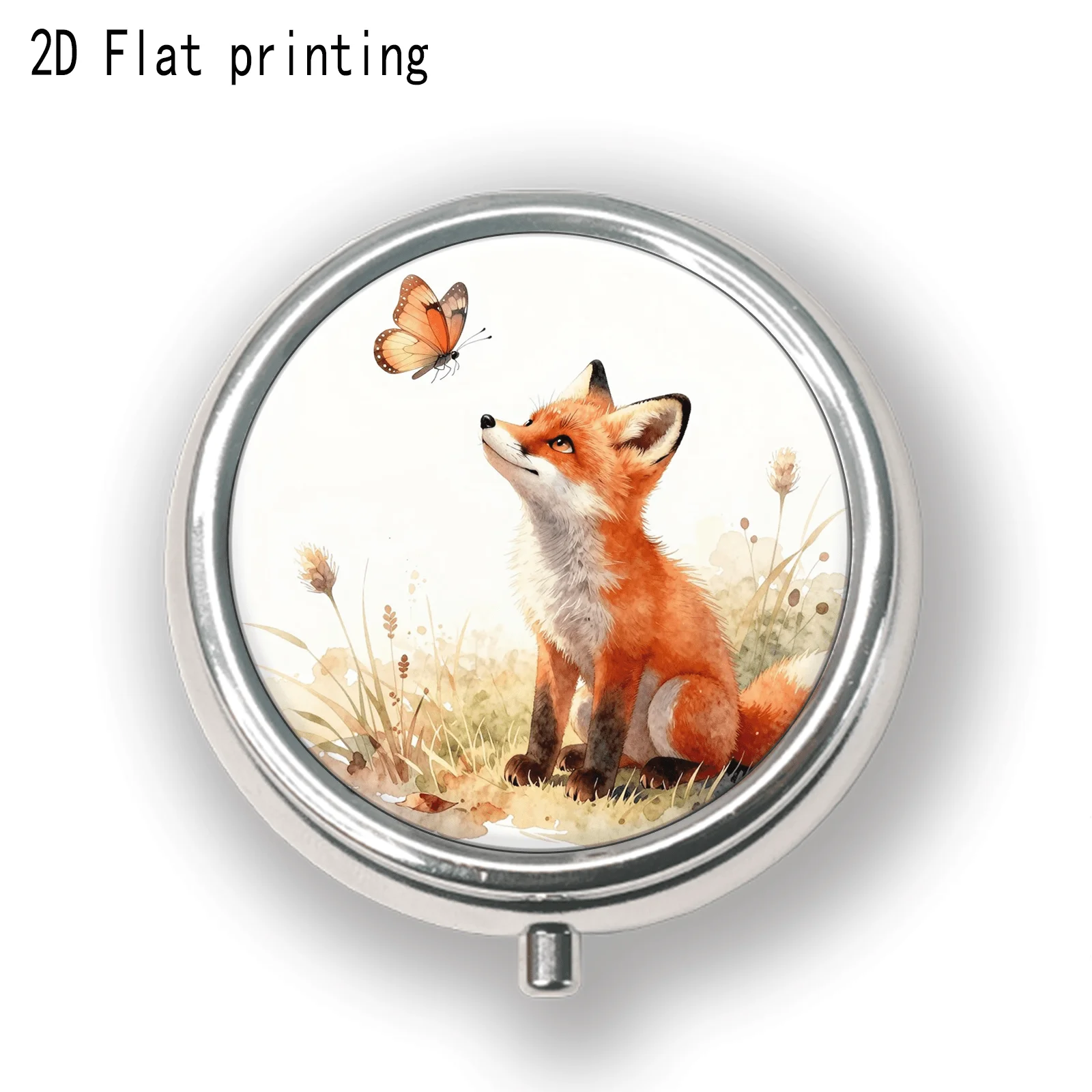 Watercolor Red Fox and Butterfly Pattern, Round Three-Compartment Small Pill Box, Portable Medicine Storage, Small Jewelry Storage, Suitable for Handbags or Travel, Holiday Gifts, Souvenirs, Prizes, Small Gifts, Suitable for Personal Use or as an Exquisite Gift Option