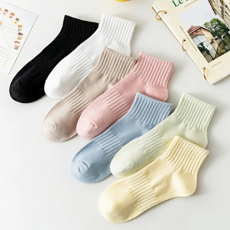Mixed 5 Pair Couple Solid Color vertical stripes macaron colored Short Socks Don't Drop Heel Socks Soft and Comfortable Socks