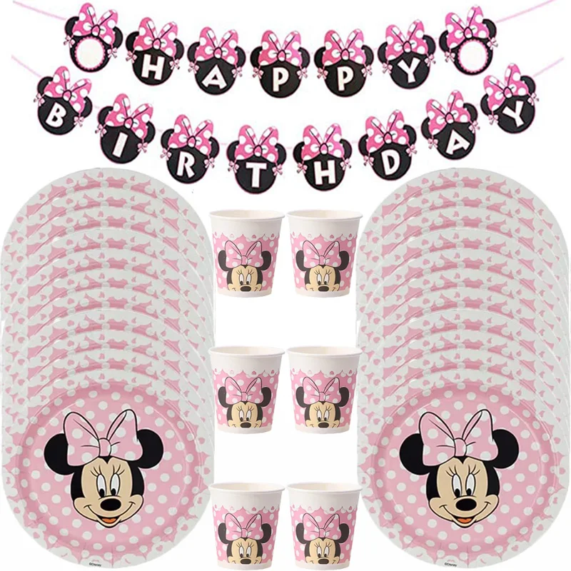 New Disney Minnie Mouse theme happy birthday party Disposable tableware for kid girl favor Party banner Decorations Supplies