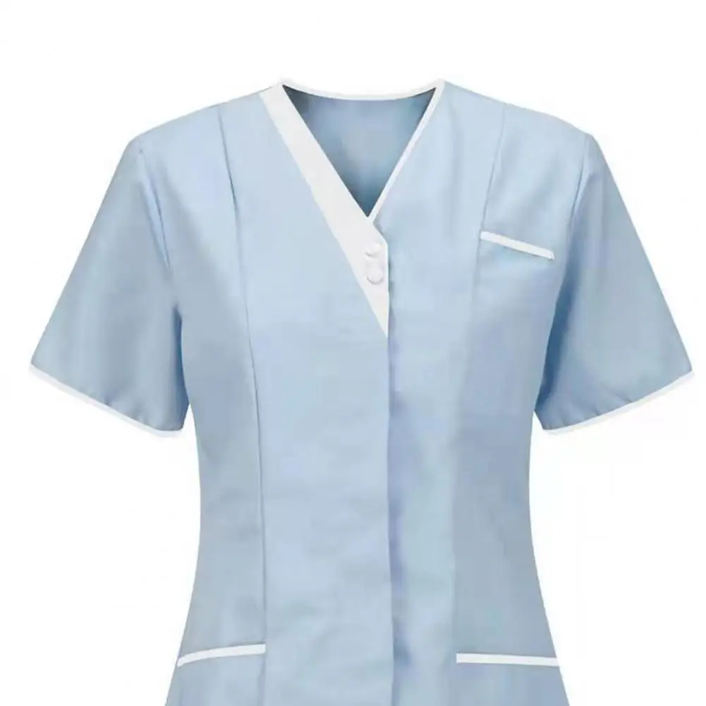 Nurse Uniform Scrubs Tops Women V-neck Short Sleeve Pockets Overalls Uniforms Patchwork Color Nursing Working Tops Workwear