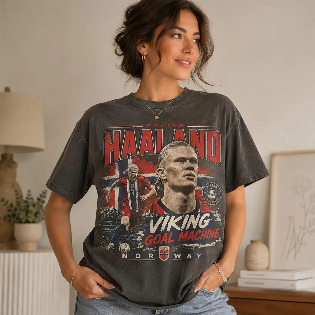 Erling Haaland Norway Football Retro Portrait Printed T-shirt Vintage Washed Viking Goal Machine Streetwear Cotton Unisex Soccer