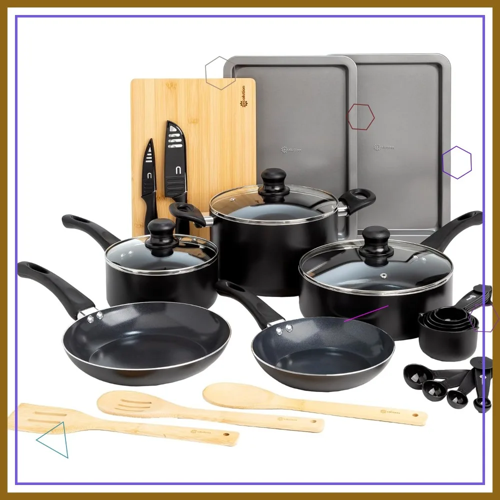 

Easy Clean Ceramic Nonstick Cookware Set, Dishwasher Safe Pots and Pans, Comfort Grip Handle, Even Heating, 26-Piece Black