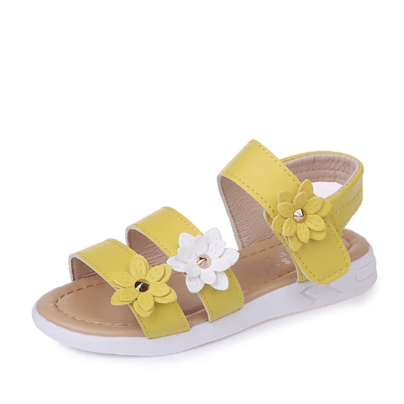 

Princess Girls Sweet Fashionable Sandals Pinkish Yellow White Toddle Shoes With Flowers Hoop & Loop Summer Beach Baby Kids Tacon