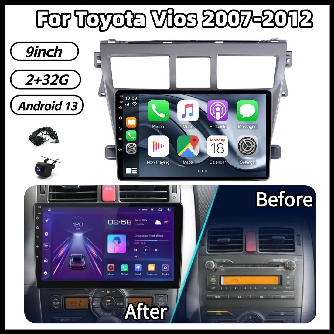 

9in 2+32G Car Stereo Radio For Toyota Vios 2007-2012 Android 13 GPS Navigation Head Unit Bluetooth WiFi FM/RDS SWC Accessories