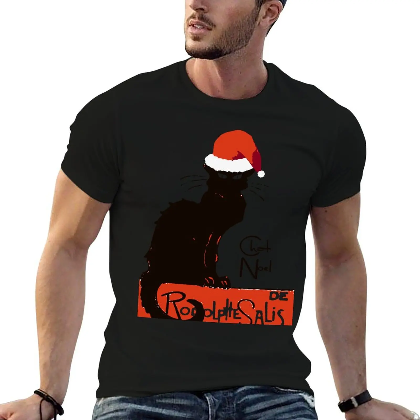 Le Chat Noel parodia navideña desgastado recortado camiseta ajustada con cuello en V ropa kawaii camisas de entrenamiento lisas para hombre