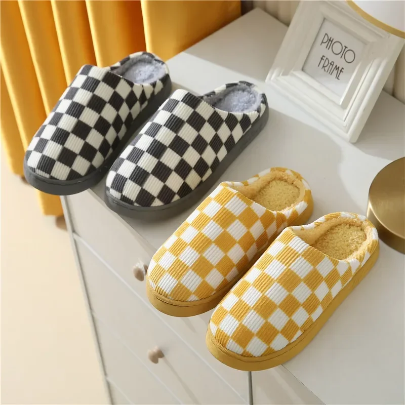 2024 Winter New Checkered Cotton Slippers Home Cute Indoor Home Warm Slippers Hairy Slippers for Women in Winter Home Shoes