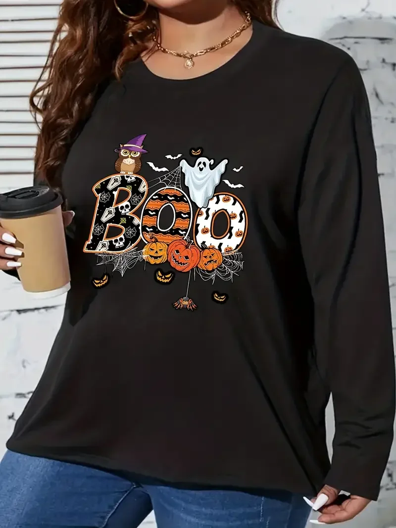 

Plus Size Halloween T-shirt, Women's Plus Graphic Print Slight Stretch Long Sleeve Tee