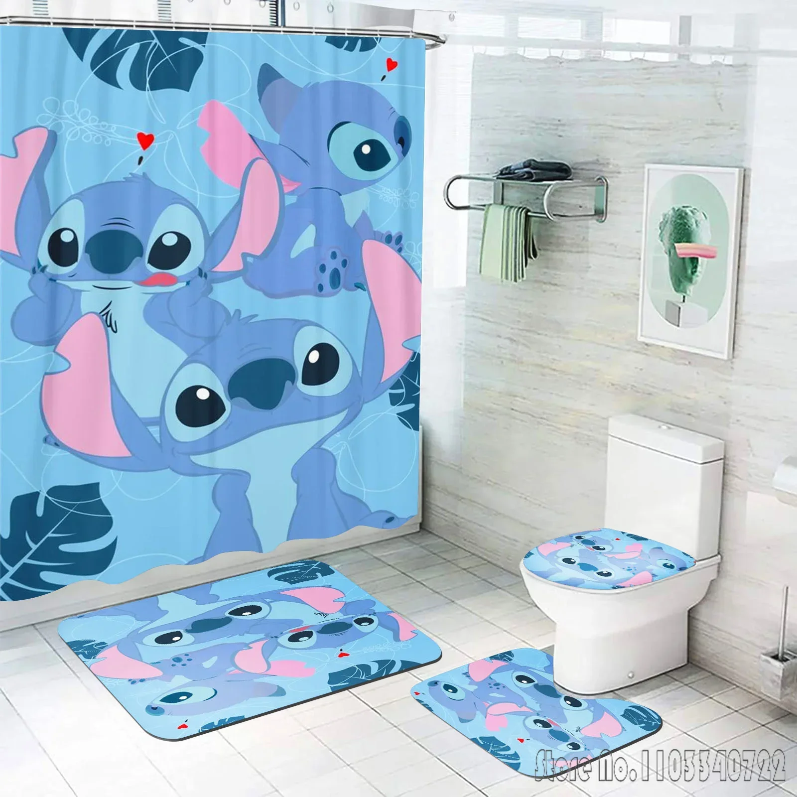 Stitch Bathroom Accessories 4 Piece Set Mats And Shower Curtain  Curtains Sets Luxury Waterproof Anime Home 100% Polyester