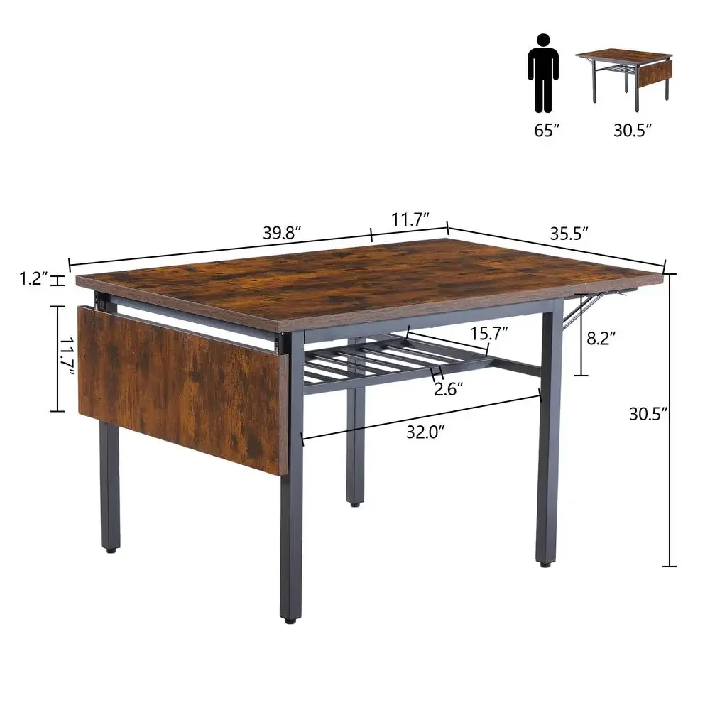 Drop Leaf opvouwbare eettafelstoelen 6, uitschuifbare keukentafel, kleine ruimtes, rustiek bruin, stevig stalen frame, verstelbare voeten