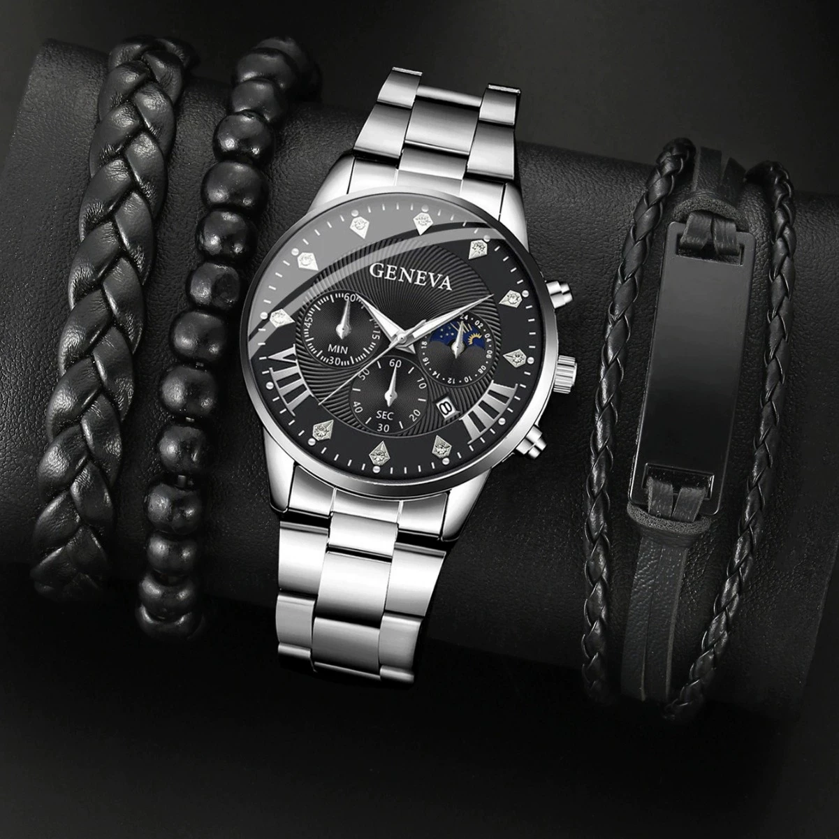 

4PCS/Set Men's Watch Fashion Arabic Dial Analog Quartz Watches Vintage Leather Bracelets Set（Without Box）